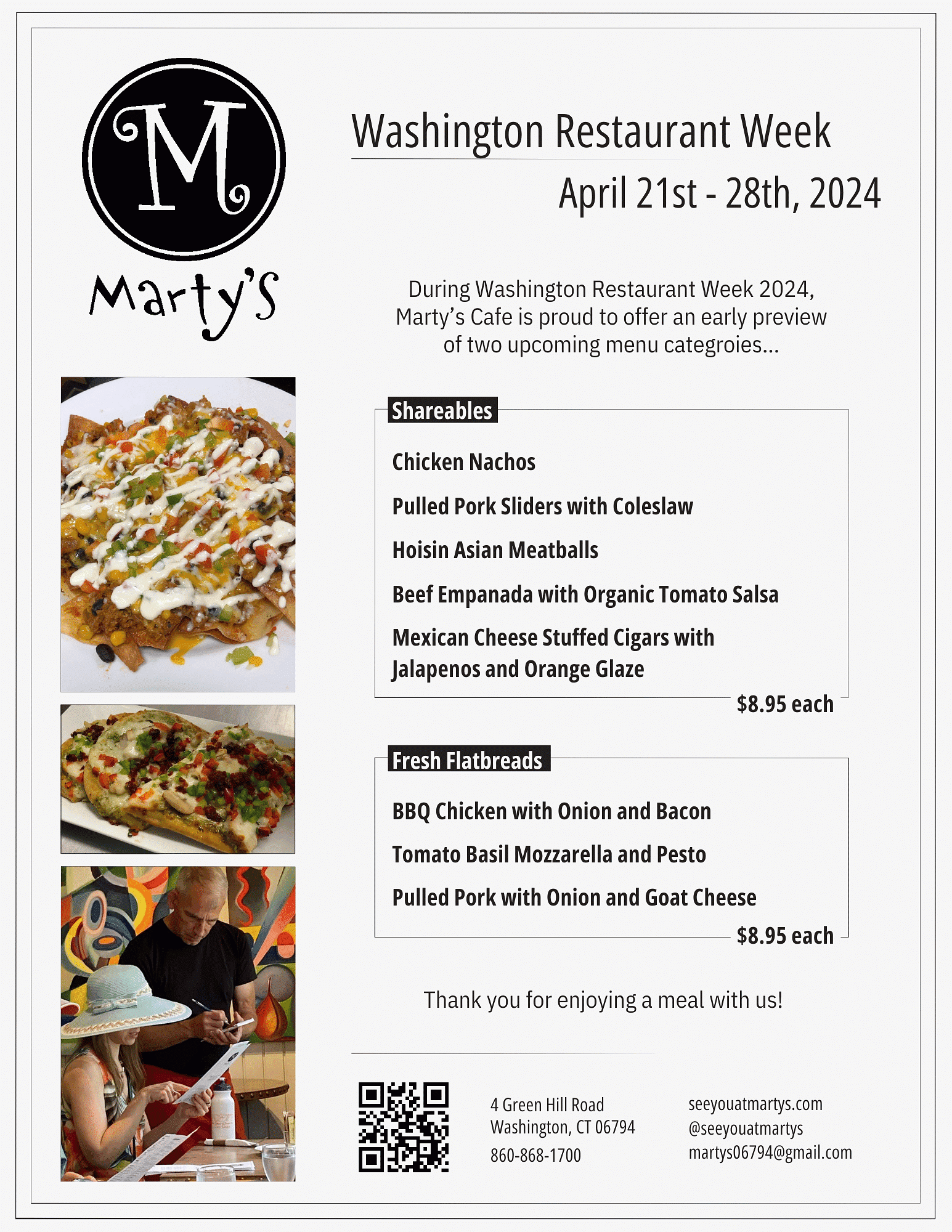 Logo for Marty's Washington Restaurant Week (April 21-28) with menu items and QR code.